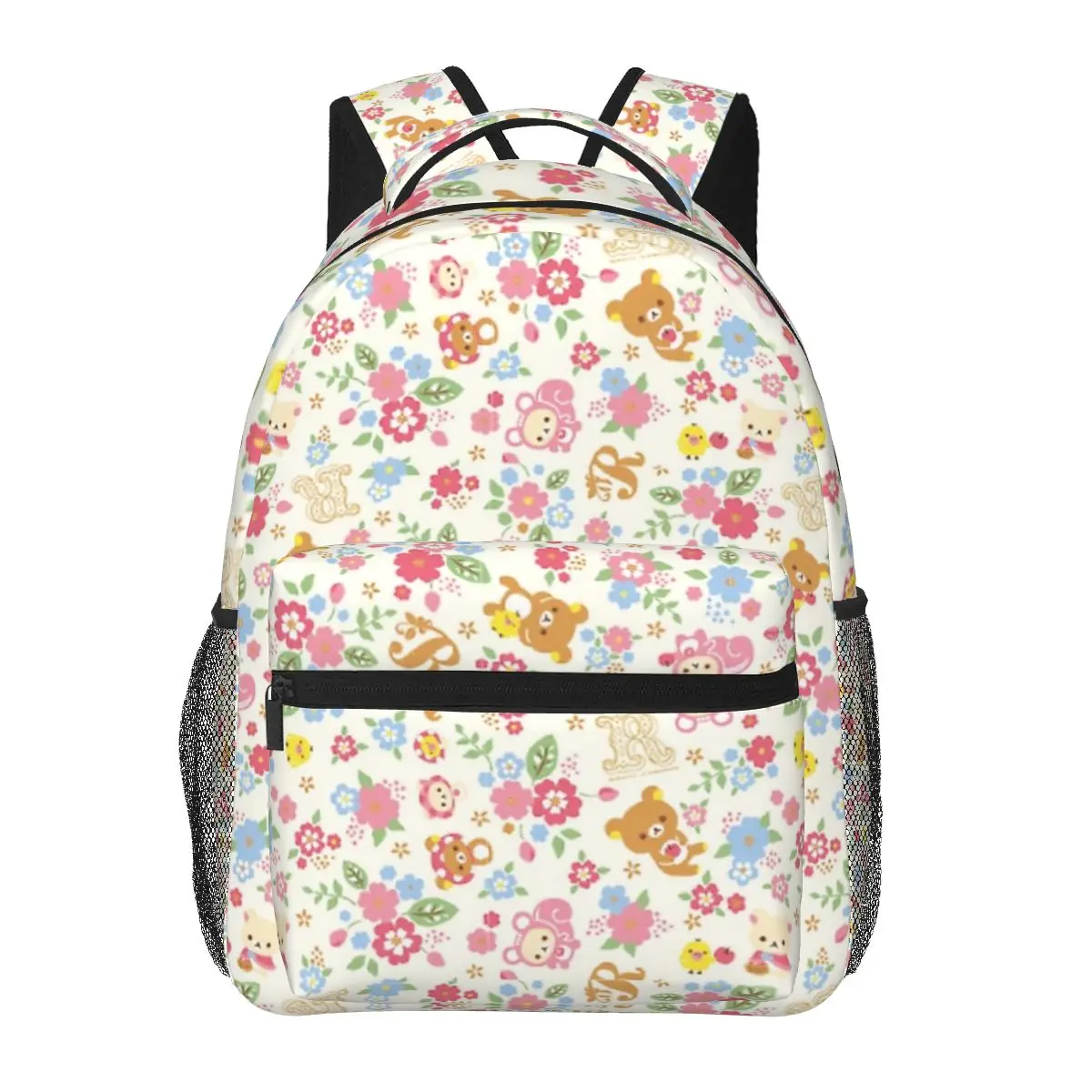 Cute Rilakkuma Flower Pattern Student Backpack School Bag Hiking Travel Daypack for Boys Girls Fashion Bookbag Shoulder Bags