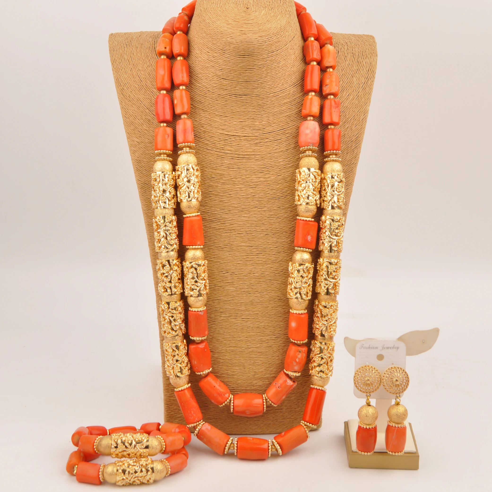 

African Orange Natural Coral Bead Jewelry set Nigerian jewelry set bridal gift