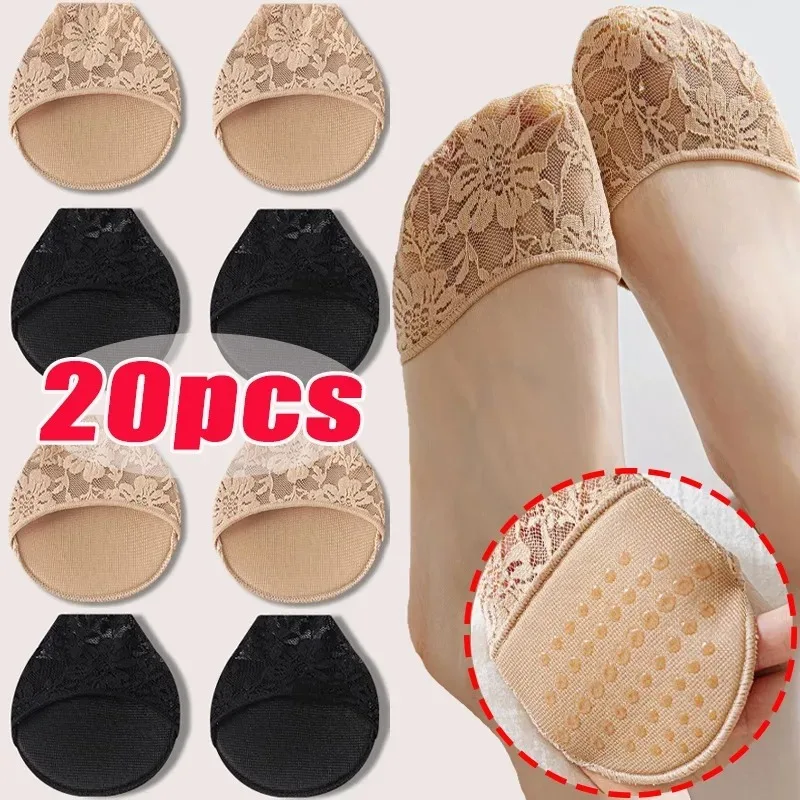 20pcs High Heels Half Length Socks Women's Summer Thin Lace Mesh Breathable Half Drag Shallow Mouth Invisible Anti Slip Forefoot