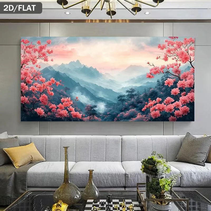 2D Flat, 1pc Modern Minimalist Cherry & Misty Mountain Wall Art Canvas Painting - Frameless Suitable for Living Room, Bedroom De