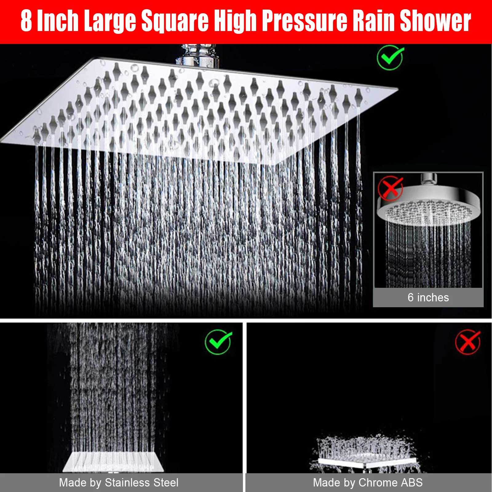 8'' High Pressure Rainfall Shower Head Handheld Shower Combo With 11'' Extension