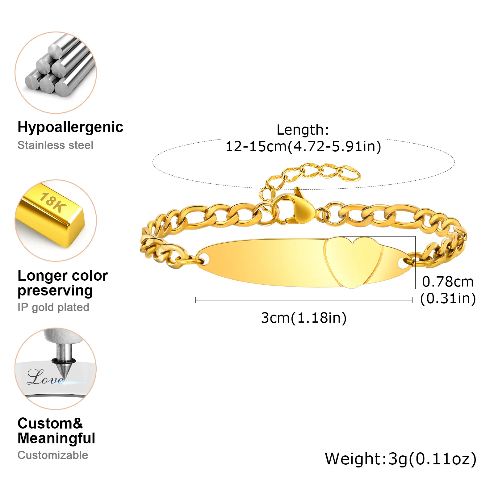 Free Engraving Heart shape Bracelet for Baby,Child\'s Custom Name Date Bracelet, Gold Color Stainless Steel Bracelets As Gifts