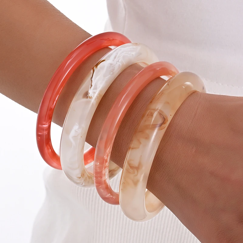 4Pcs/Set Multicolor Round Resin Bracelets For Women Retro Creative Personality Circle Acrylic Bangle Fashion Jewelry