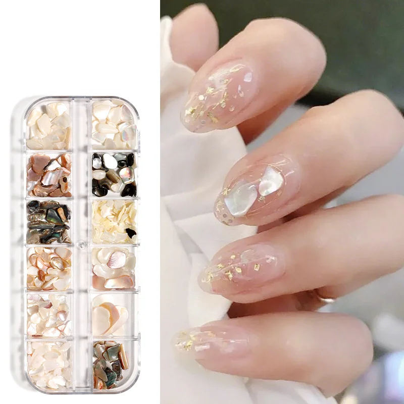 Piezas de concha para decoración de uñas, mezcla de 12 colores, fragmentos de abulón ultrafinos en caja, calcomanías de piedra de concha, herramientas profesionales para decoración de uñas