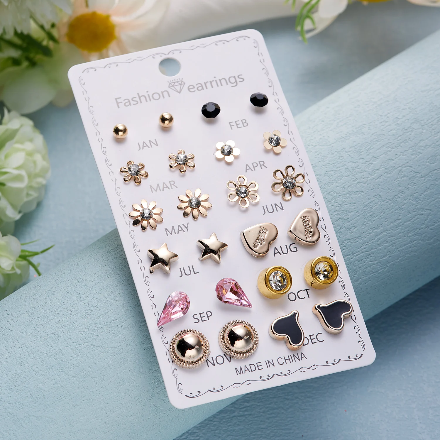 12 Pairs Combination Earrings Set for Women Shiny Rhinestone Flower Heart Star Piercing Stud Earring Girls Party Jewelry Gifts