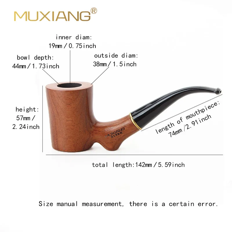 MUXIANG Importe Rosewood Classic Smoking Pipe 3/9mm Filter Bent Tobacco Pipe Gold Ring Wood Pipe with Smoke Pipe clean Accessory