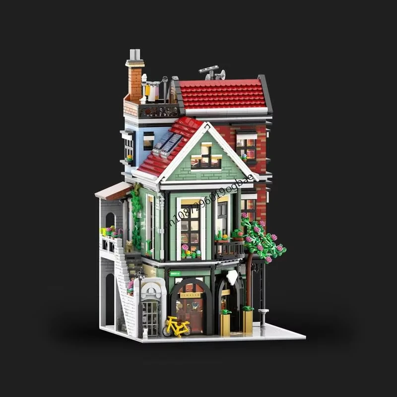 โมเดลบ้านแถวแบบโมดูลาร์ MOC พร้อมร้านขายเครื่องประดับและร้านแพนเค้ก ของเล่นตัวต่อประกอบเอง ของขวัญสำหรับเด็ก