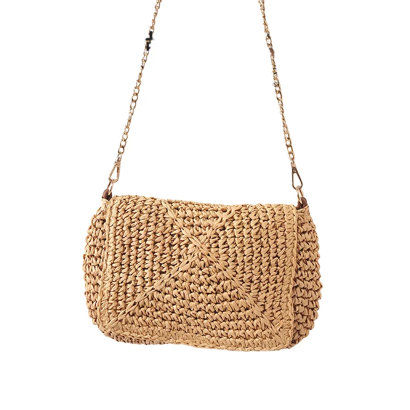 Women Straw Woven Bag New Fashion Summer Travel Crossbody Bag Handheld Chain Strap Small Square Bag for Female