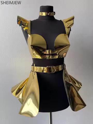 Women's Pu Flying Sleeves Performance Costume Singer Adult Cosplay Space Ruffle Suspenders Gold Gothic Fashion Leather Costume