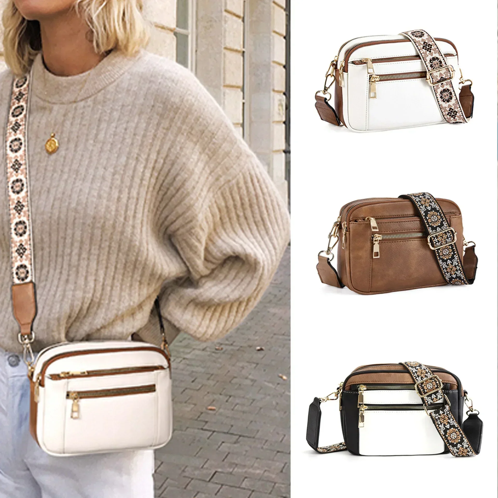 2024 Embroidery Lattice Colorblocking Retro Popular Shoulder Bag Zipper Shoulder Crossbody Purse with Adjustable Strap