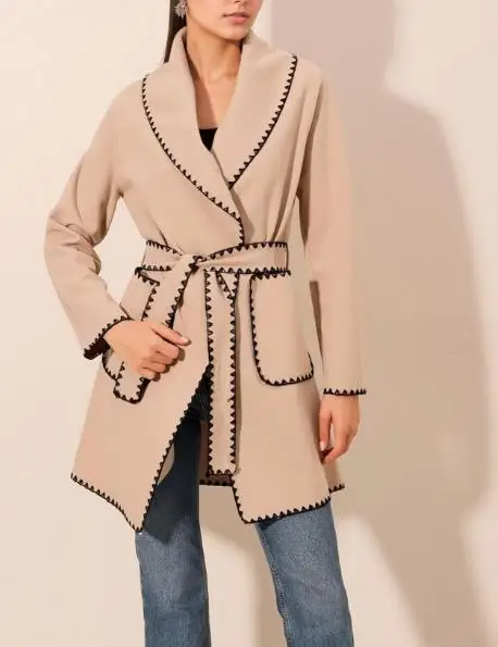 

2025 Popular Warm Long Sleeved Big Collar Women's Woolen Lace Up Autumn and Winter Versatile Jacket