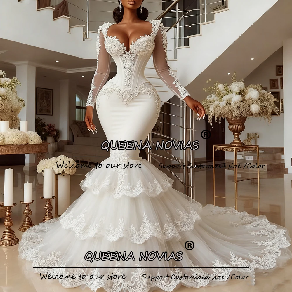 

Customized Luxury Aso Ebi Mermaid Wedding Dresses For Bride Lace Appliques Beaded Long Sleeves Bridal Gowns חתונה שמלה