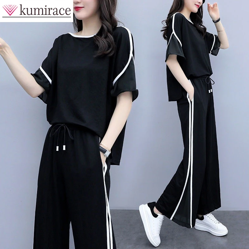 Summer New Large Suit Women\'s 2023 Korean Short-sleeved T-shirt Wide Leg Pants Two-piece Casual Suit Loose Sports Pants Set