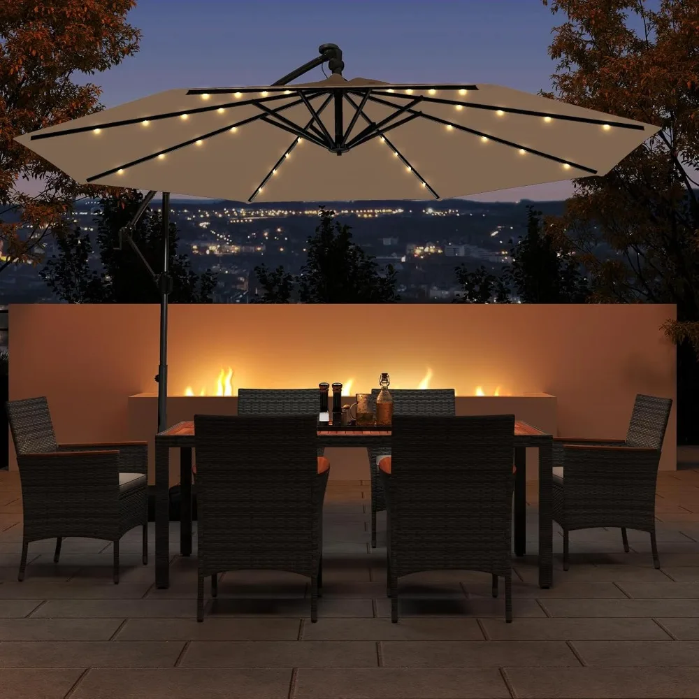 

10ft Solar LED Patio Umbrella with Base, Offset Cantilever Outdoor Umbrella with 32 LED Lights, Infinite Tilt.