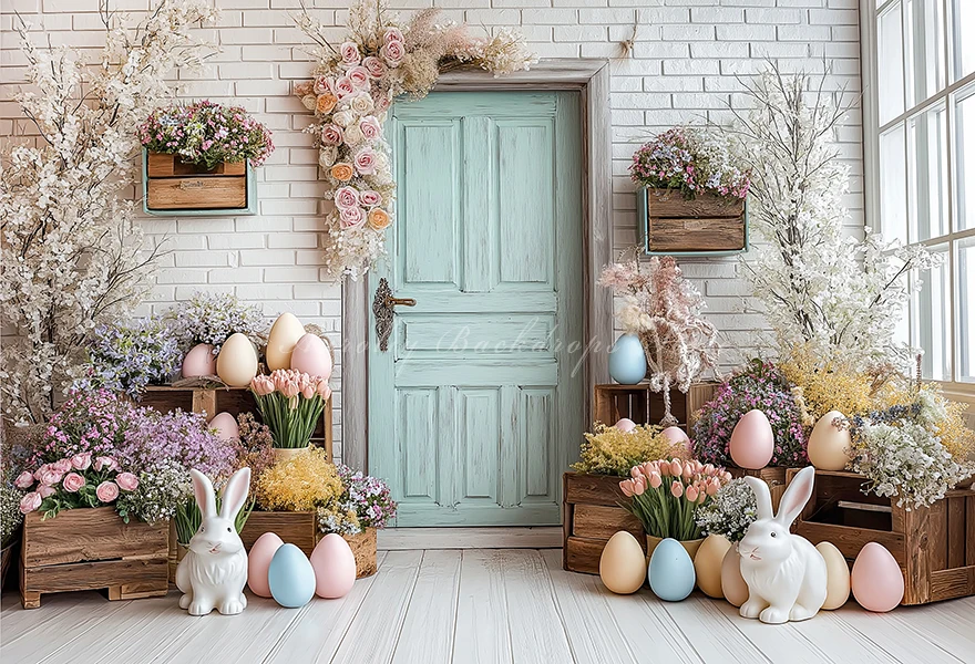 Easter Blue Wooden Door With Flowers Eggs Backdrop Kids Cake Smash Props Birthday Photocall Props Child Baby Photography Decor
