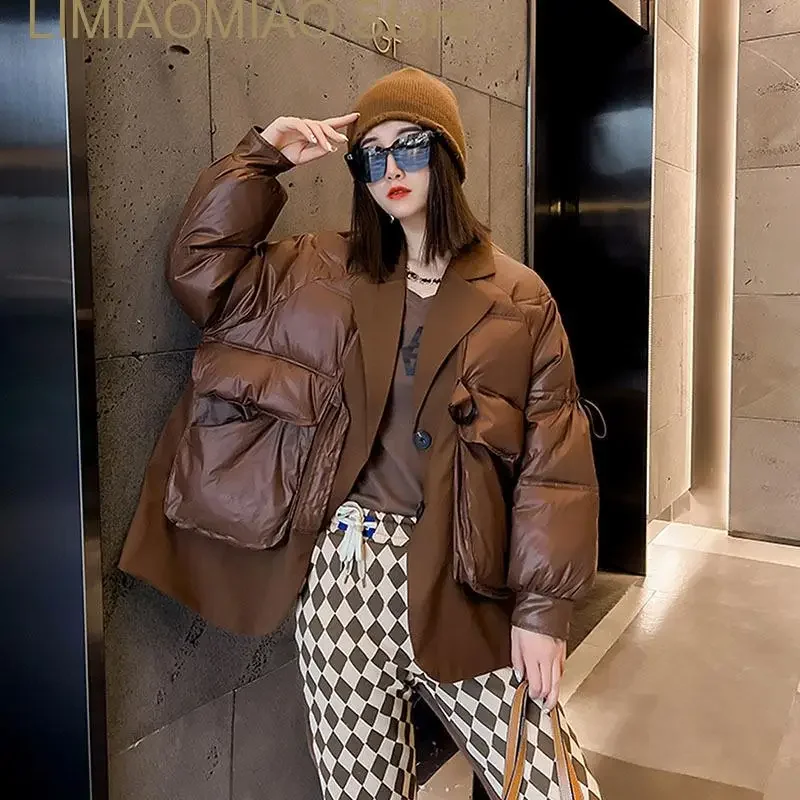 Female Short Lightweight Parkas Winter Women Notched Collar Fake Two-piece Patchwork Down Cotton-padded Coat Casual Long Sleeve