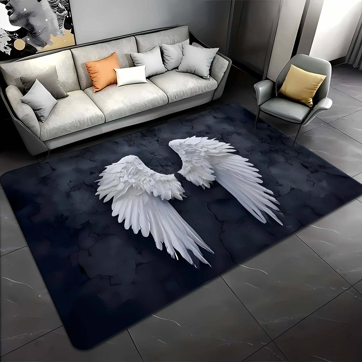Large Dark Aesthetic Area Rug Angel Wing Decorative Mat Luxury Living Room Hallway Carpet Marble Design Modern Gothic Fantasy