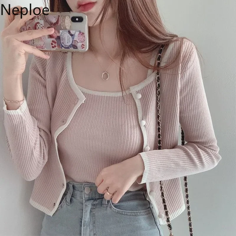 Neploe Fashion Cropped Sweater Korean Y2K Cardigan Two-piece Women Knit Pink Cardigans Patchwork Woman Clothes Pull Femme Sets