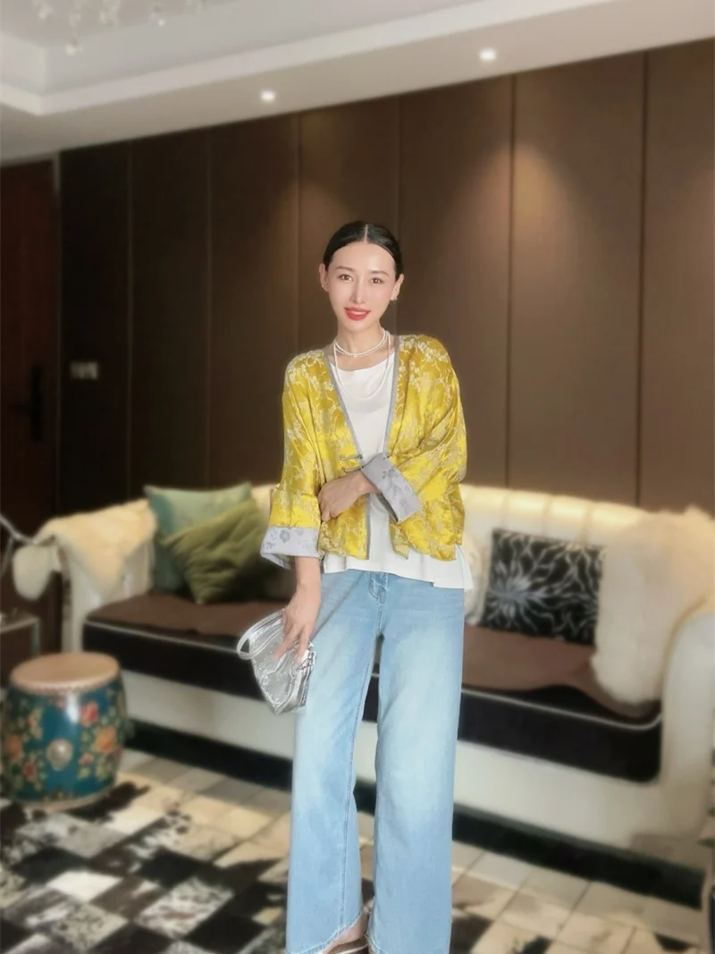 

Шелковый кардиган-накидка с V-образным вырезом и рукавами «летучая мышь» для женщин, цветной, модель F499