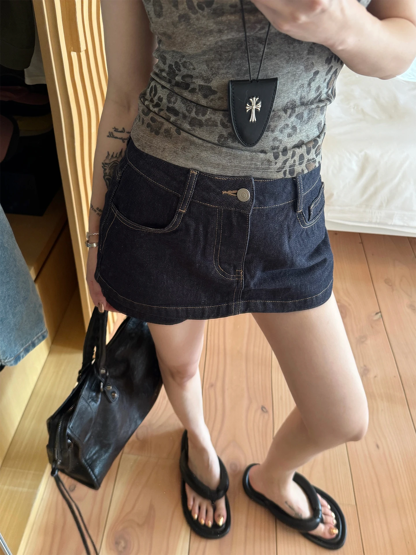

Deep Blue Denim A-Line Shorts Skirt Pants High Waist Zipper Closure Cotton Polyester Blend Washed Finish Straight Leg Fit
