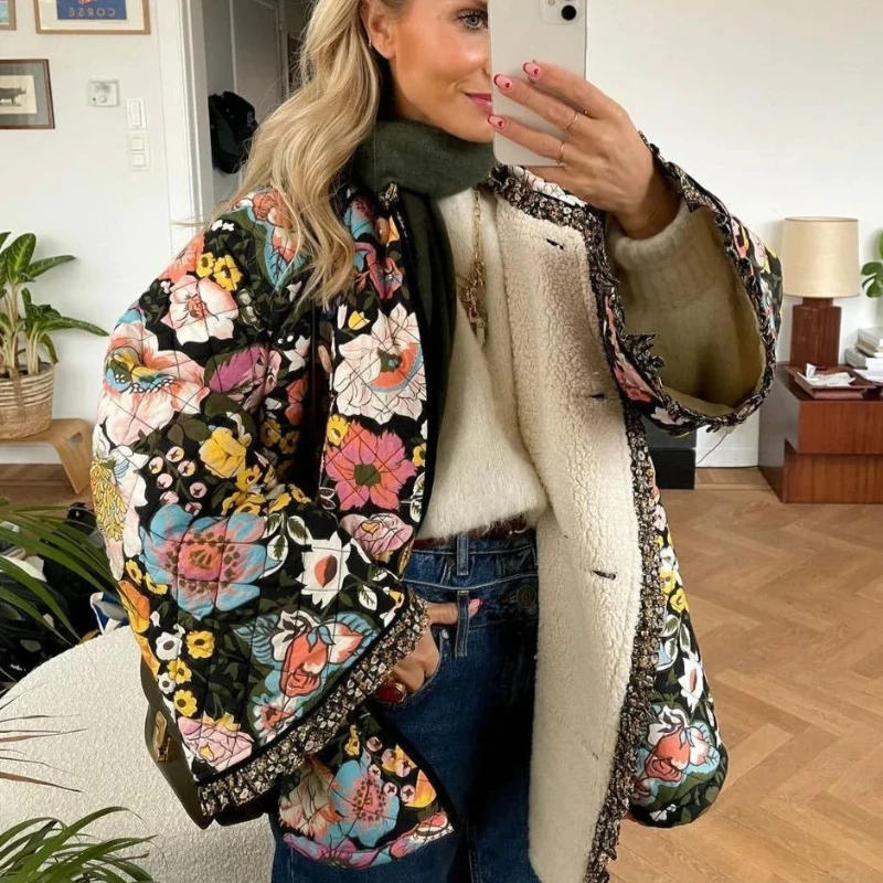 Boho Women's Floral Print Padded Coat with Bell Sleeve Loose Winter Outerwear Trendy Classic Cozy Soft Fad New Hot Daily Coats