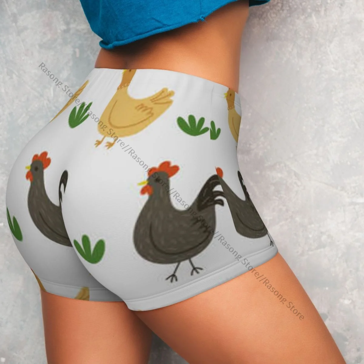 여성용 스판덱스 요가 반바지 치킨과 수탉 프린트 운동 부티 반바지