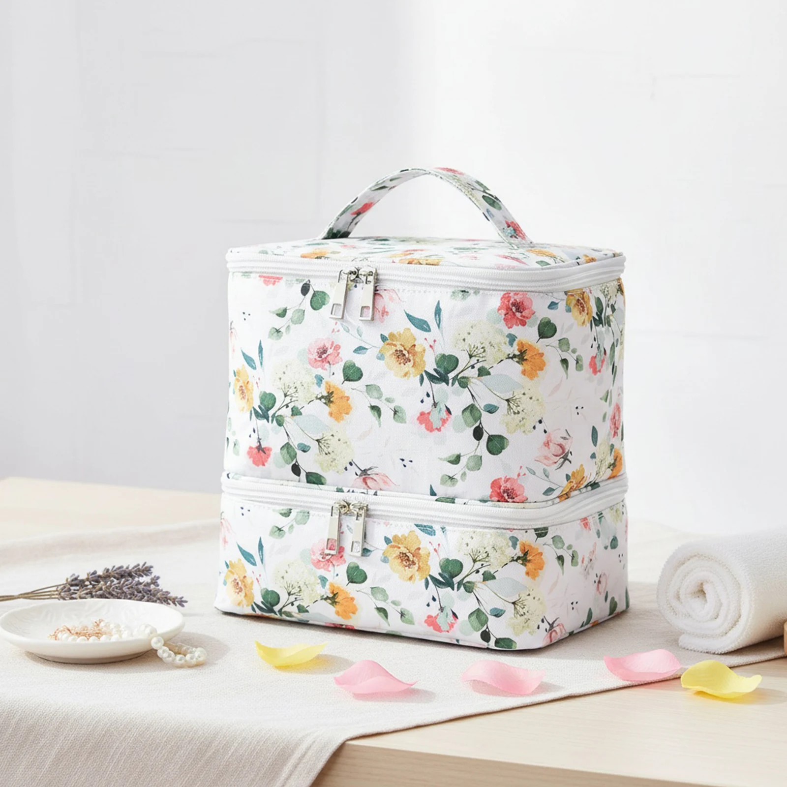PU Leather Nail Polish Organizer Case with Separate Compartments Bow Floral Cosmetic Bag Pouch Handheld Double Layer for Women