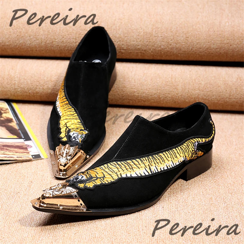 Tiger Embroidered Black Suede Men's Shoes Metal Pointed Toe Slip-On Low Heel Loafers Handmade Genuine Leather Party Dress Shoes