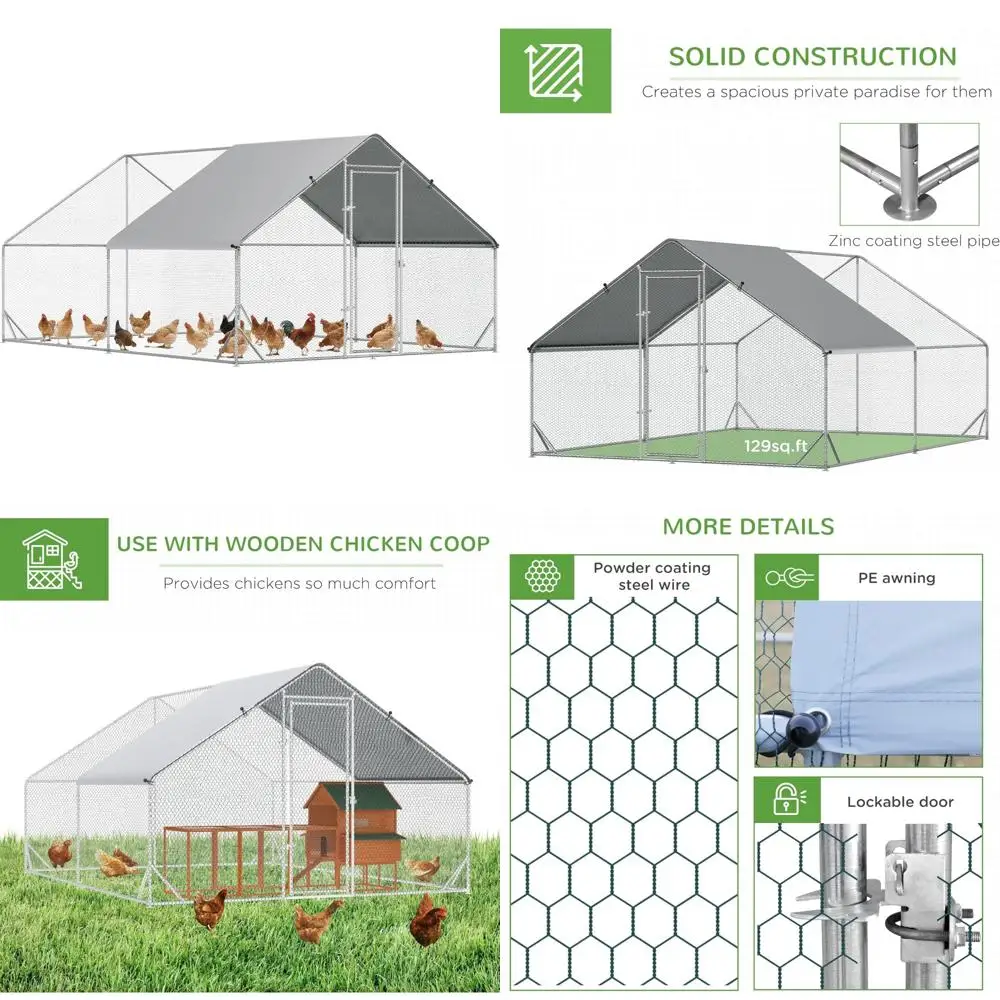 حظيرة دجاج معدنية كبيرة مع غطاء مقاوم للماء للأشعة فوق البنفسجية، تشغيل دجاج على شكل سباير وقفص للاستخدام في الهواء الطلق #1