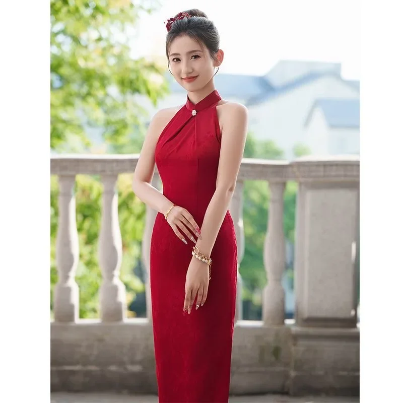 Sleeveless No. 50 Cheongsam Toast Autumn Bride Wedding New Wine Red Young 2024 Improved Engagement Chinese Dress Banquet