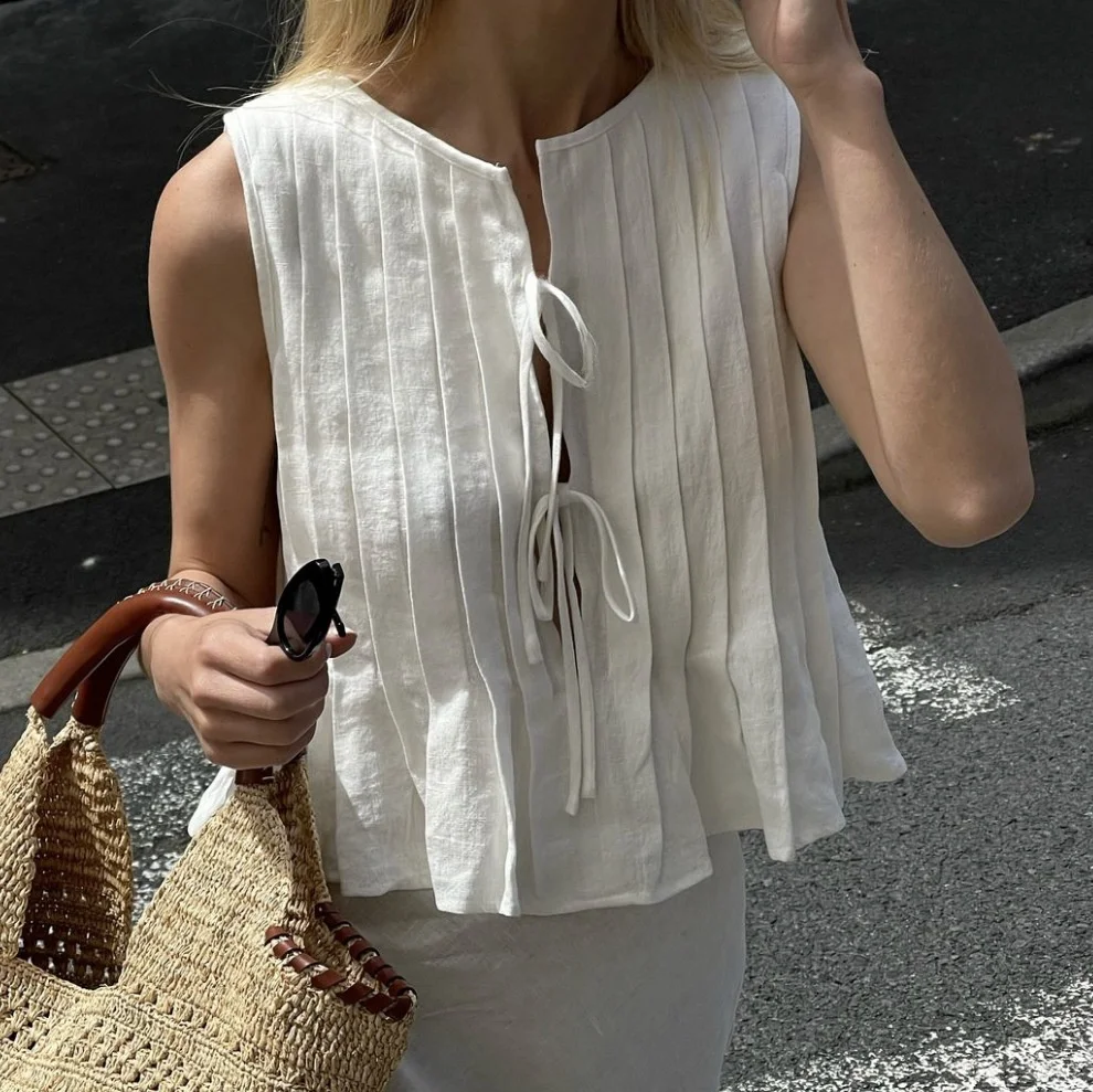 

Spring Summer 2024 Women's Cotton Linen irt Tie Waist Design Commute Sle round Ne Svel Pure Color Casual irt