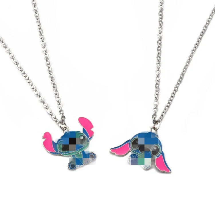 Disney 2pcs 1set Stitch Necklace for Men and Women Couple Cartoon Playful Cute Hip Hop Pendant Kawaii Gift