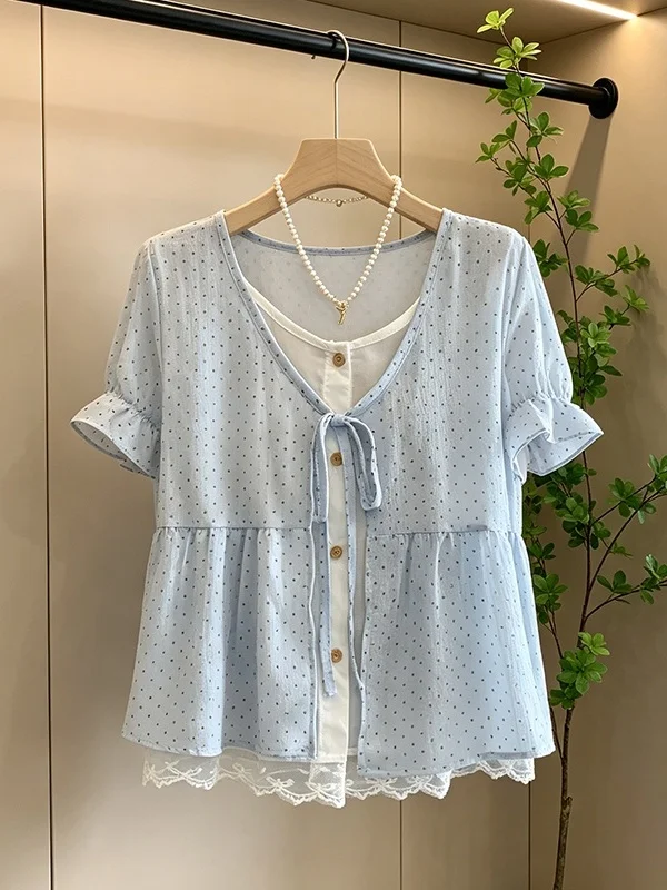 

Sweet And Fashionable Large Size Lace Trim Polka Dot Short Sleeve Shirt Women's Summer New Style Commute Style Korean Version