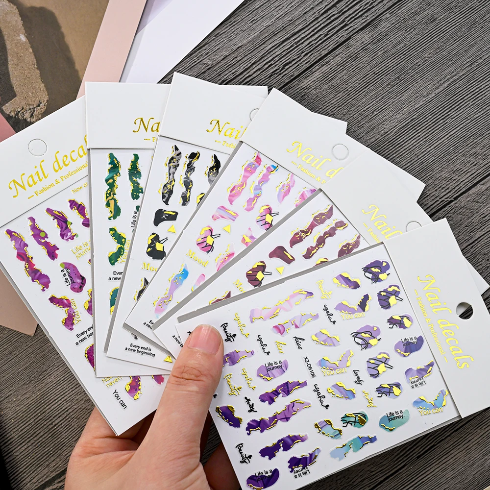 1Pc Marble Smoky Nail Art Sticker 3D Golden Wave Lines Geometric Nail Sliders Blooming Ink Painting Decals Manicure Decoration