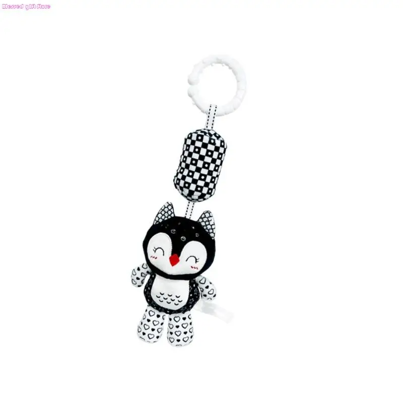 D0JC Gancio per culla per lo sviluppo infantile Nero Bianco Peluche Animale Stimolazione sensoriale uditiva Sonaglio per Decori