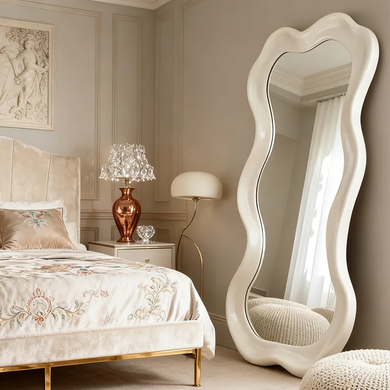 Light luxury cream lace special-shaped wall-mounted mirror French wavy edge full-length