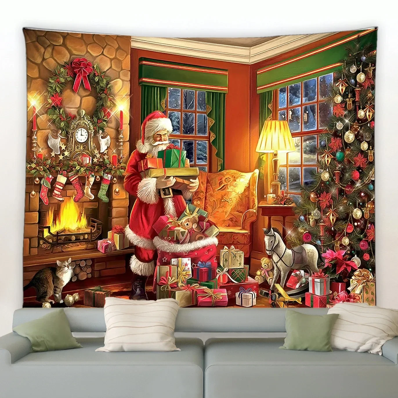 Christmas Tree Santa Pattern Tapestry Bedroom Living Room Home Christmas Decoration