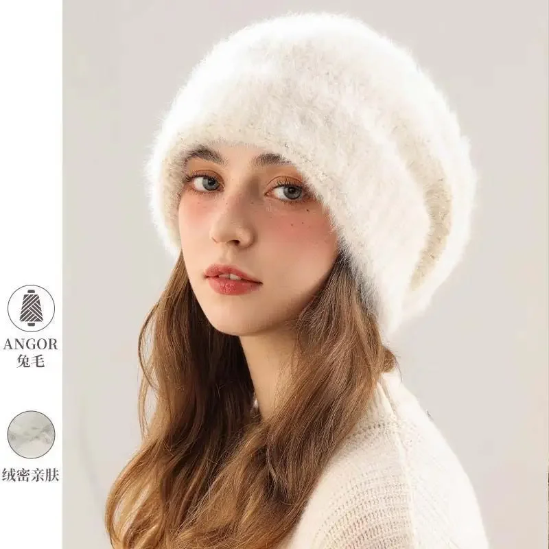Fluffy Angora Hat Rabbit Fur Warm Winter hat For Womans Cashmere Wool Soft Beanies Knitted Hat Outdoor Ski Female