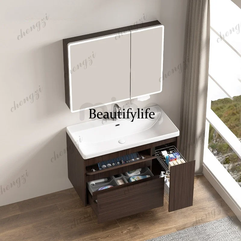 Medieval stainless steel bathroom cabinet combination integrated ceramic basin wall-mounted waterproof and moisture-proof