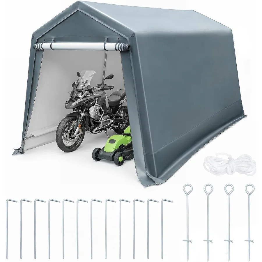 Portable storage shed for outdoor motorcycle shelter, 8.3 x 14 FT, heavy-duty polyethylene fabric, gray, weather-resistant with