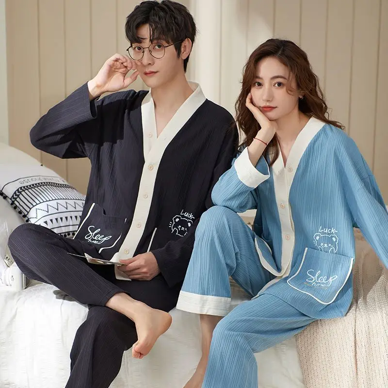 Couple Pajamas Sets for Woman Cotton Long-sleeved Cardigan Korean Version of Men\'s Pajamas Homewear Spring Sleepwear Set