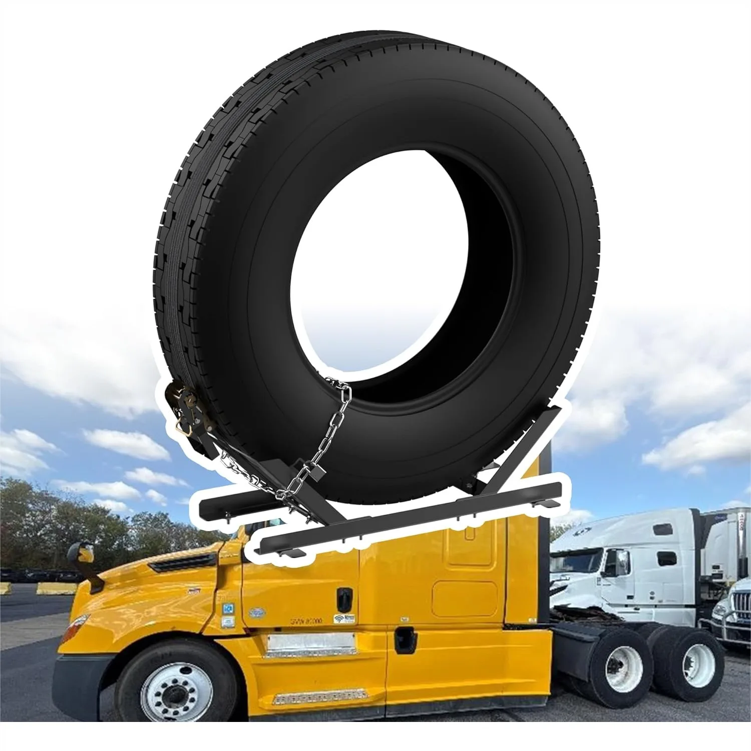 

Semi-Truck Spare Tire Rack, Universal Fit Adjustable Carrier with Anti-Theft Lock & Ratchet Strap, Easy No-Drill Mount for