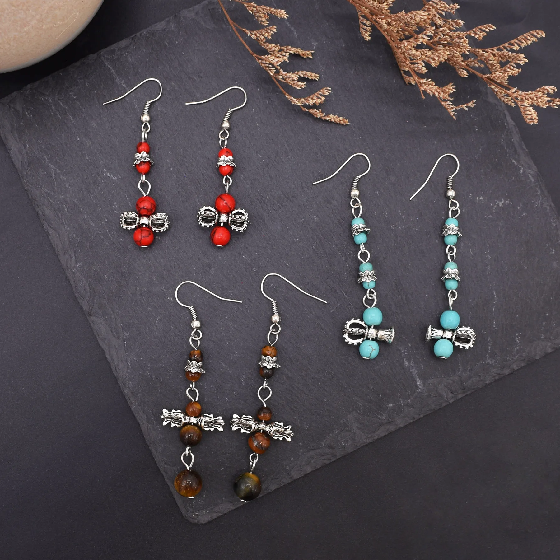 New Trend Red Bule Brown Rhinestone Long Tassel Earrings Bohemian Natural Tiger Eye Beads Stone Women Pendant Jewelry Gift