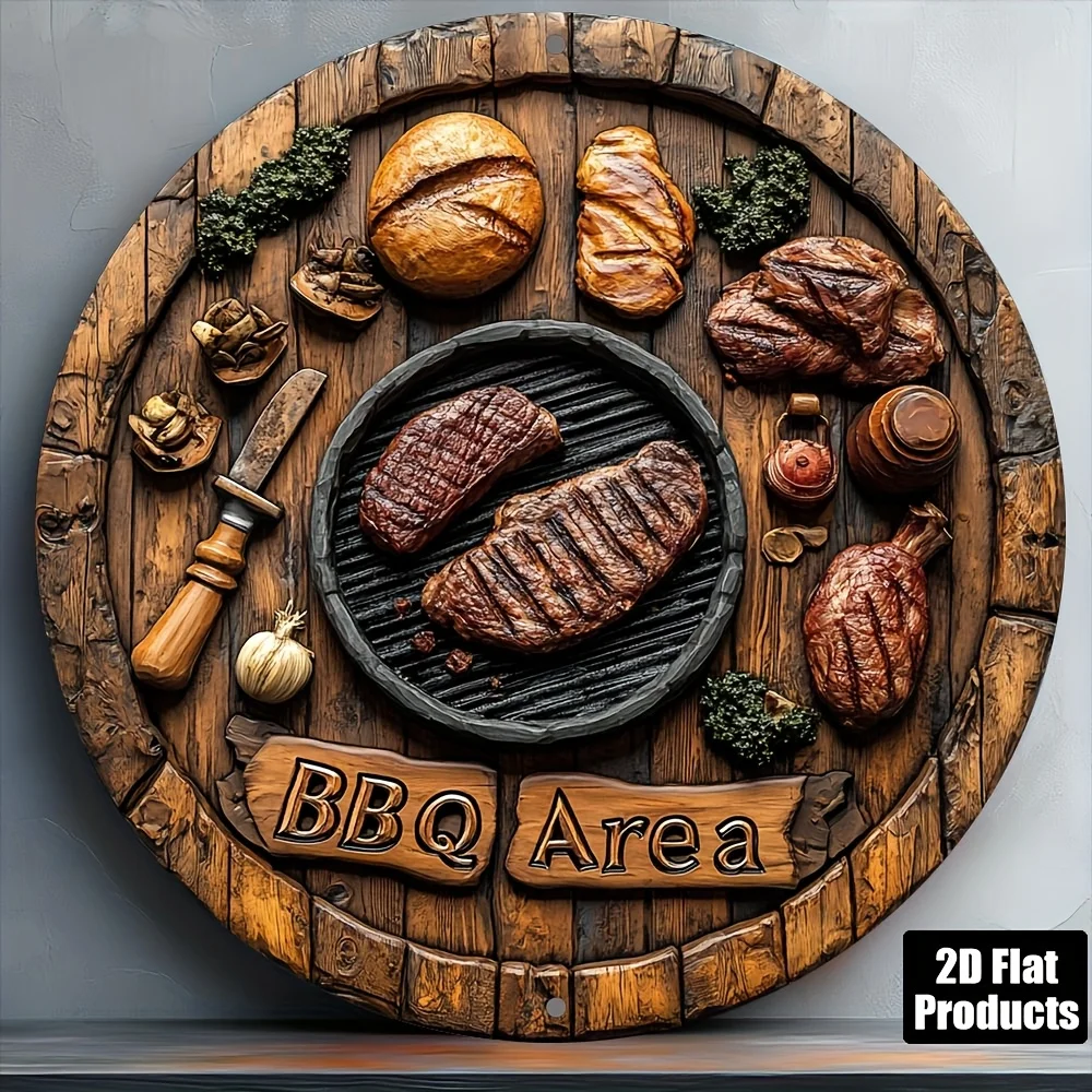 2D Flat, 1pc Vintage BBQ Sign Metal Wall Decor Plaque - 8x8 Inch Round Aluminum Sign with Grilled Meats & Wooden Plank Design, P - view 4