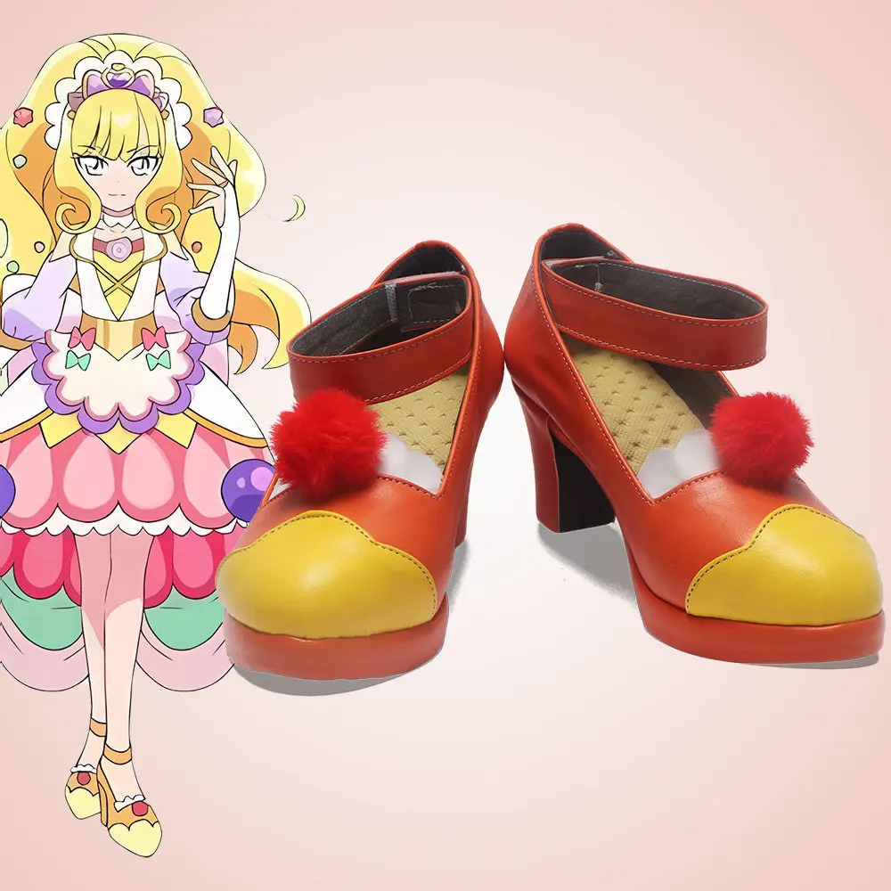 Anime Delicious party♡Precure Kasai Amane Cosplay Shoes Orange High Heels Short PU Leather Boots For Halloween Carnival