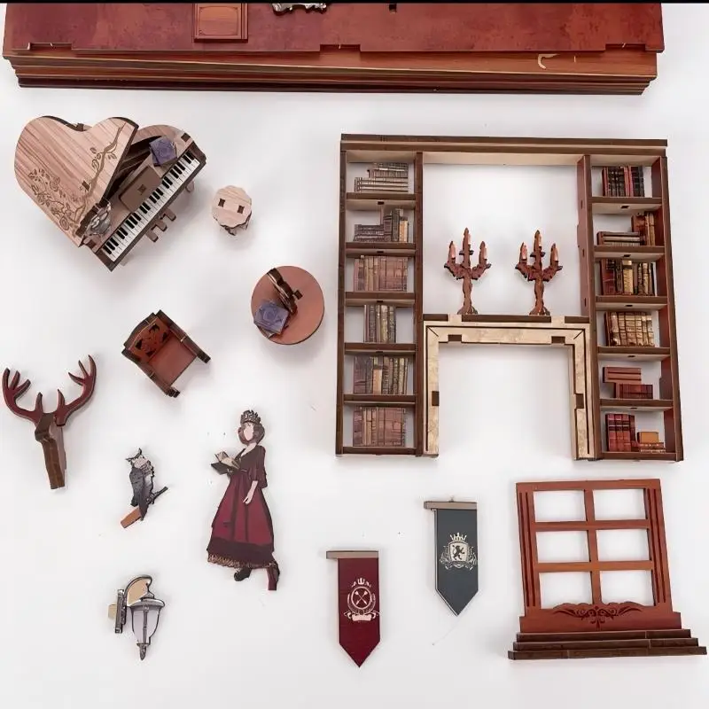 DIY Book Nook Kit Miniatur Puppenhaus Retro Bibliothek Bücherregal Einsatz Holzmodell Lernspielzeug Geschenk für Erwachsene