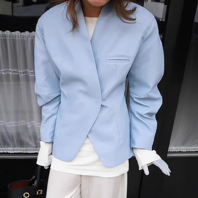 

Spring Autumn Blue Women's Suit Jacket V-Neck One Button Pockets Asymmetric Designer Coat For Lady Commuting Casual Female Coat