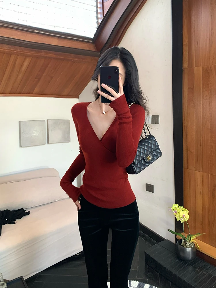 

Женский облегающий джемпер LinYanER с V-образным вырезом из смесовой шерсти, повседневный модный теплый базовый топ для осени и зимы
