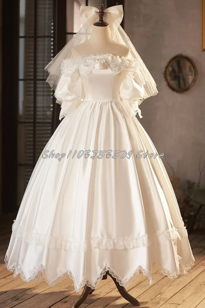 Romantic White Satin Victorian Wedding Dress Dreamy Card Shoulder Short Sleeve Bodice Laced Lace Ruffle Lolita Bridal Party Gown