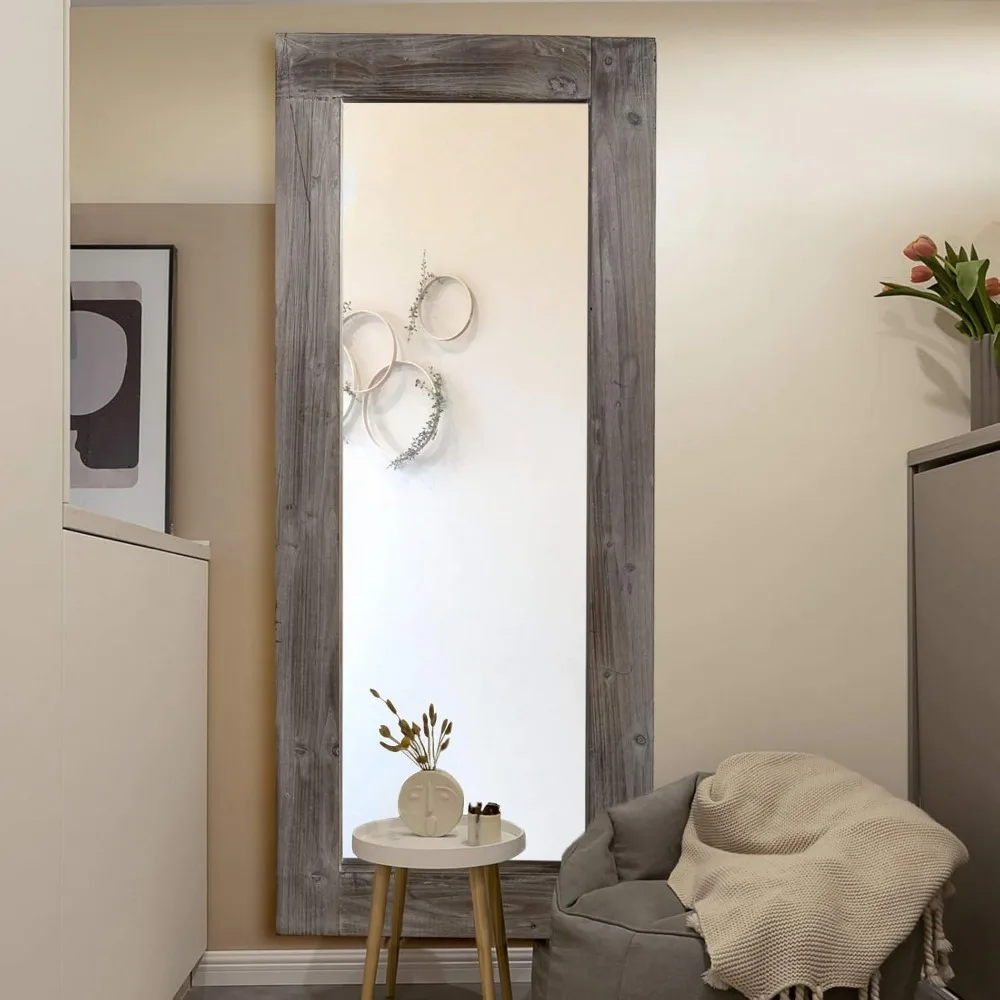 Full Length Dressing Mirror Wood Floor Mirror Solid Wood Frame Mirror with Standing Holder Wooden Frame Vertical and Horizontal